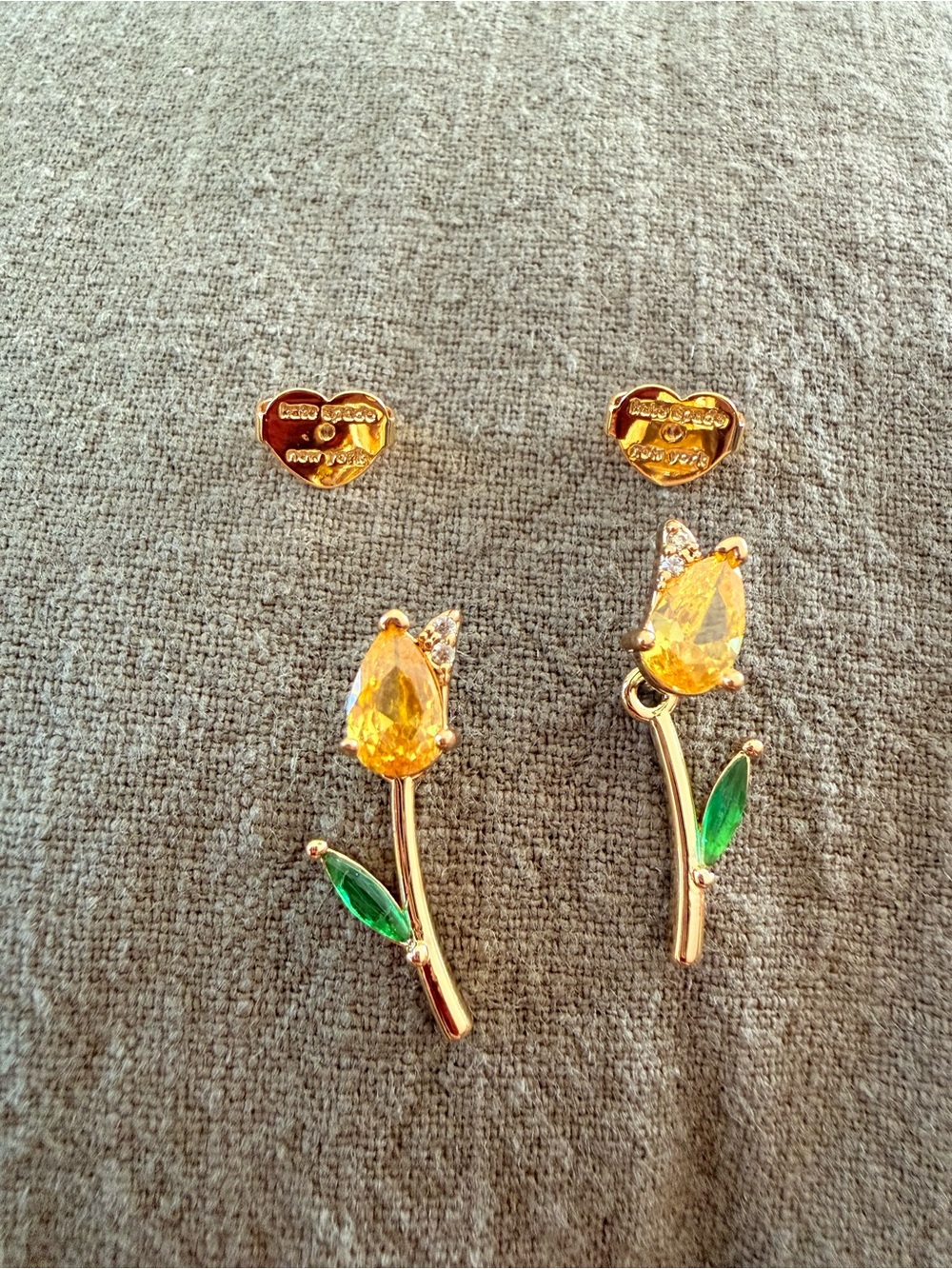 kate spade Gold-Tone Yellow Crystal Floral Drop Earrings with Green Leaves